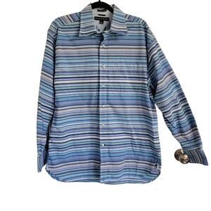 Tommy Hilfiger Men's Shirt Retro Button Down 80's Two Ply  Blue Stripes Sz Large